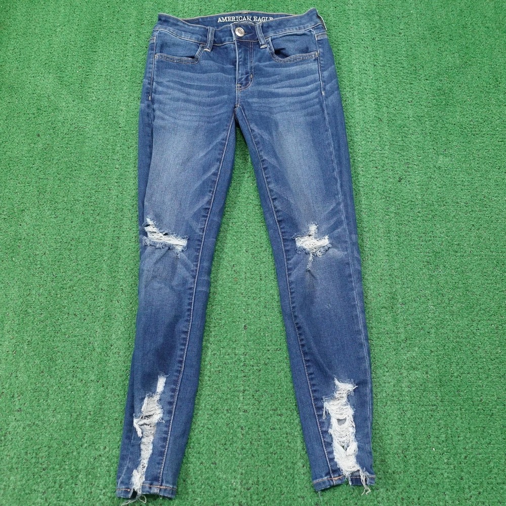 American Eagle Jeans Womens 2 Blue Jegging Crop Distressed Medium Wash‎ Denim